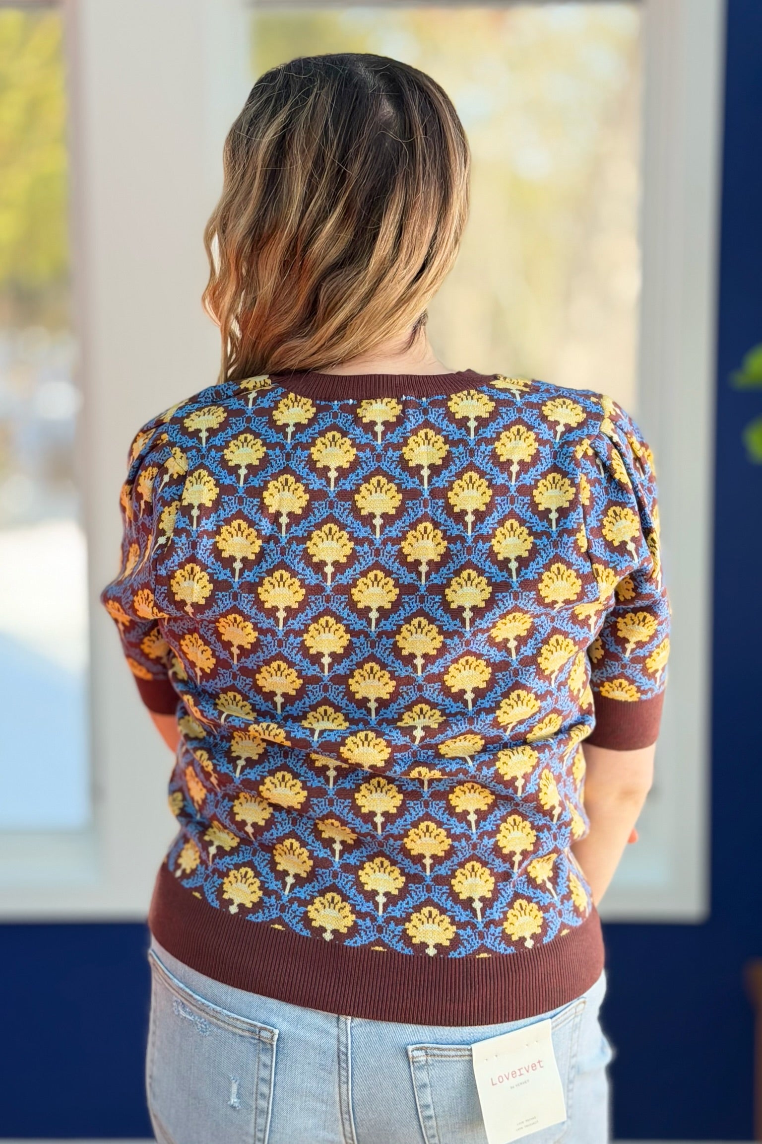 Floral Short Sleeve Sweater - Brown