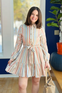 Multi Stripe Tiered Shirt Dress - Blue
