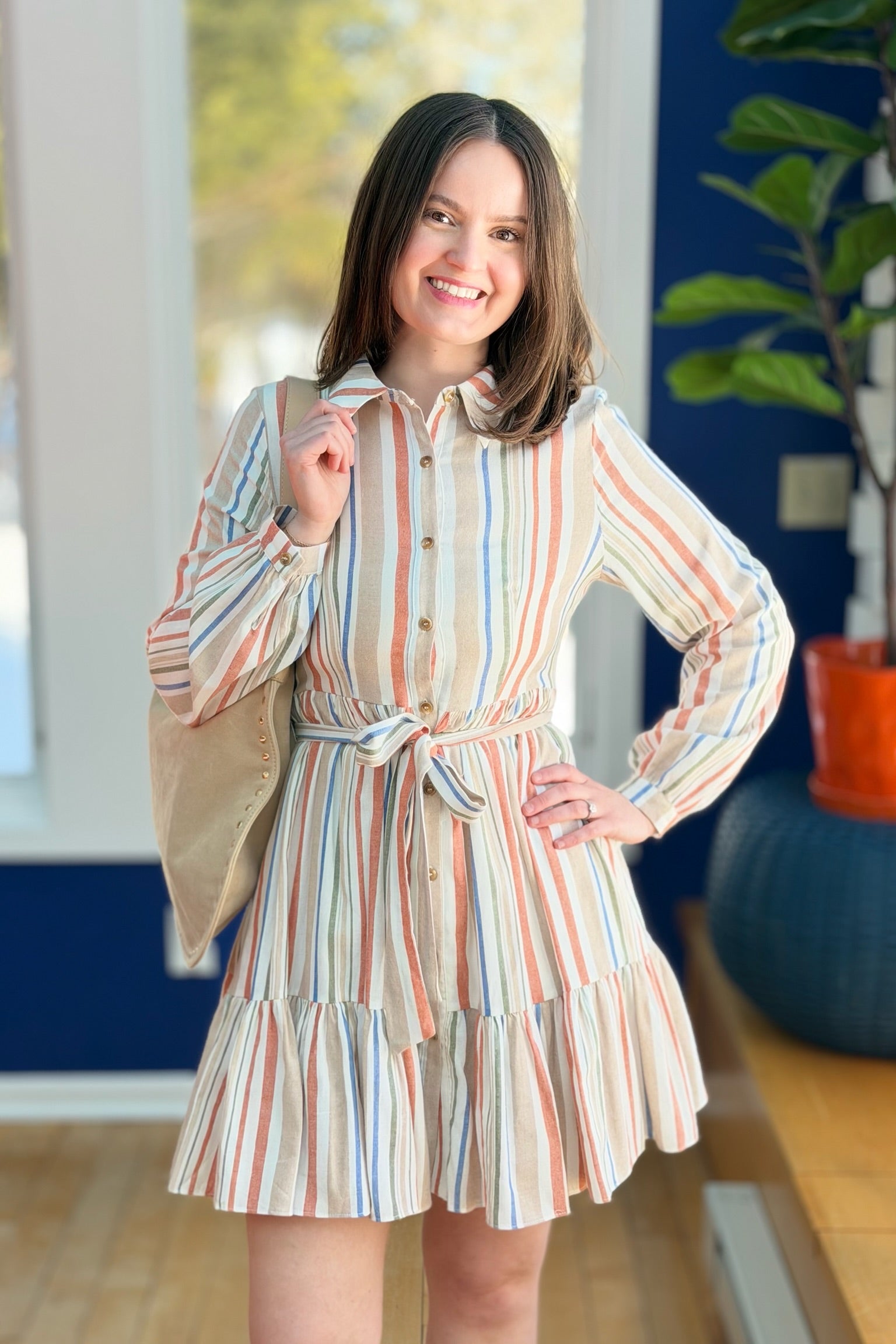 Multi Stripe Tiered Shirt Dress - Blue