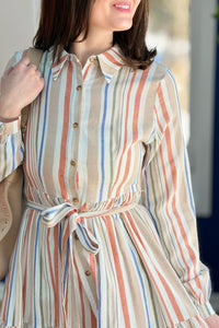 Multi Stripe Tiered Shirt Dress - Blue