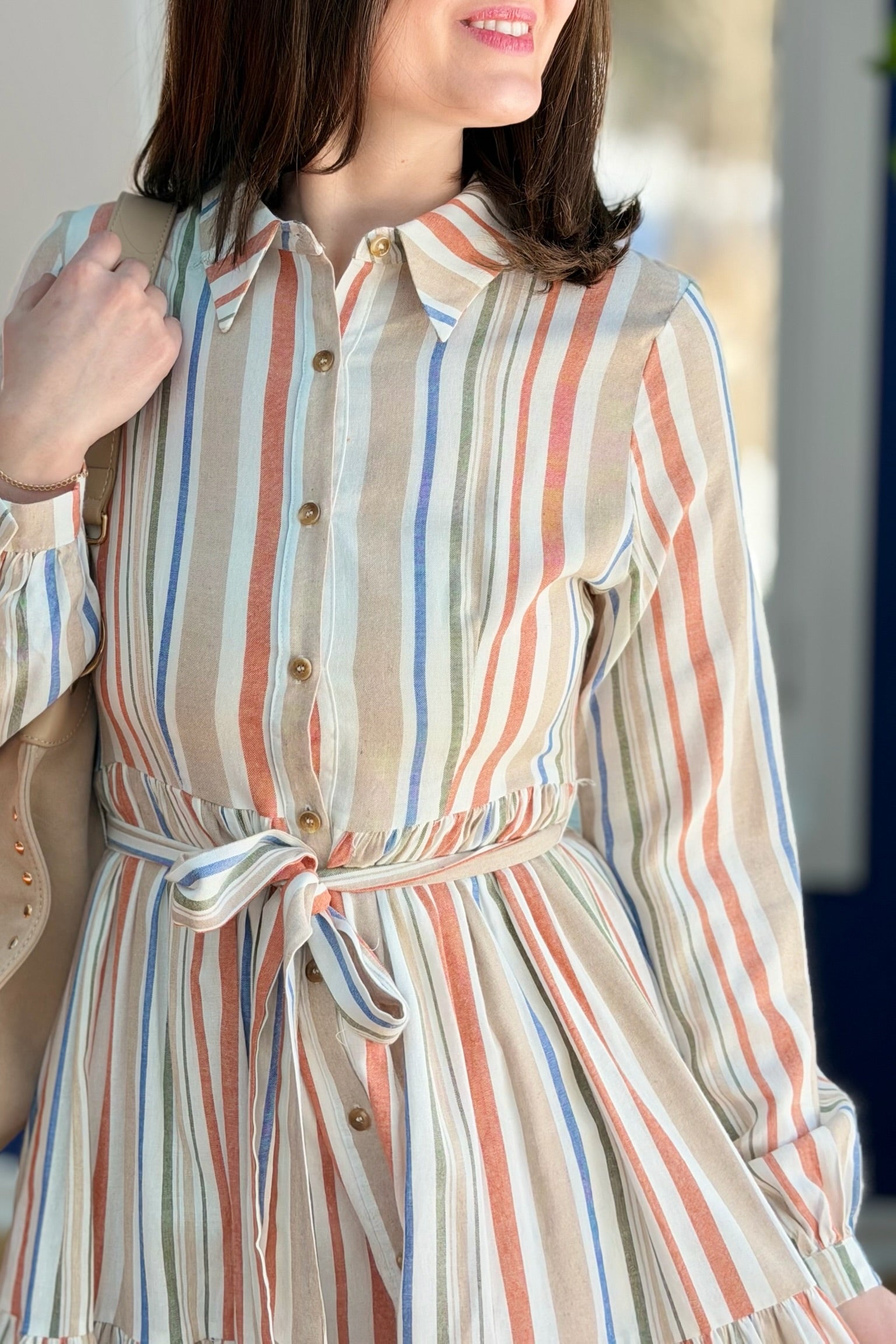 Multi Stripe Tiered Shirt Dress - Blue