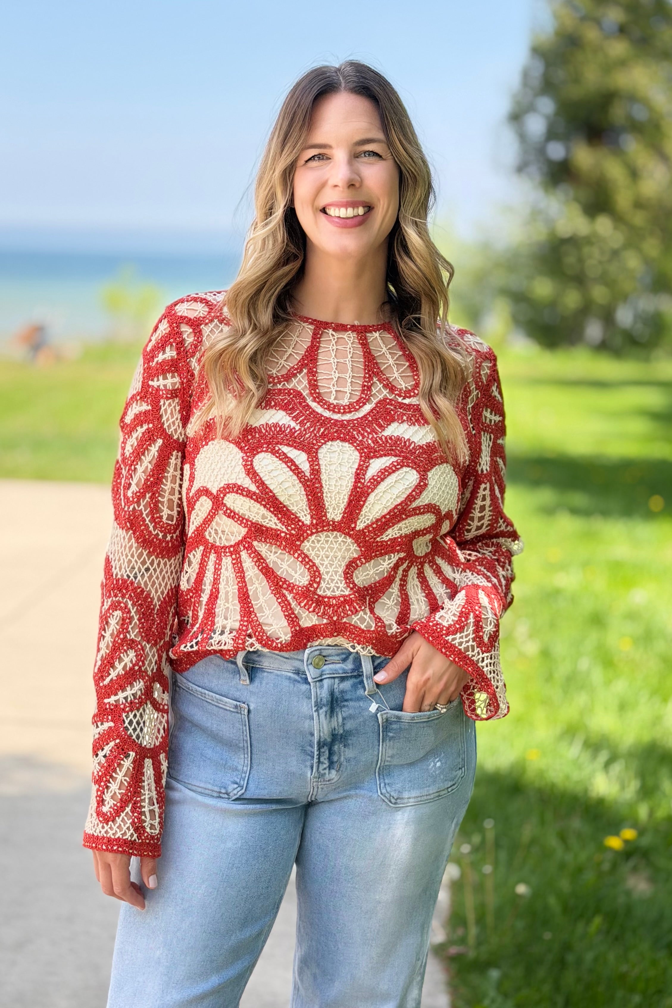 Crochet Floral Pattern Sweater - Rust