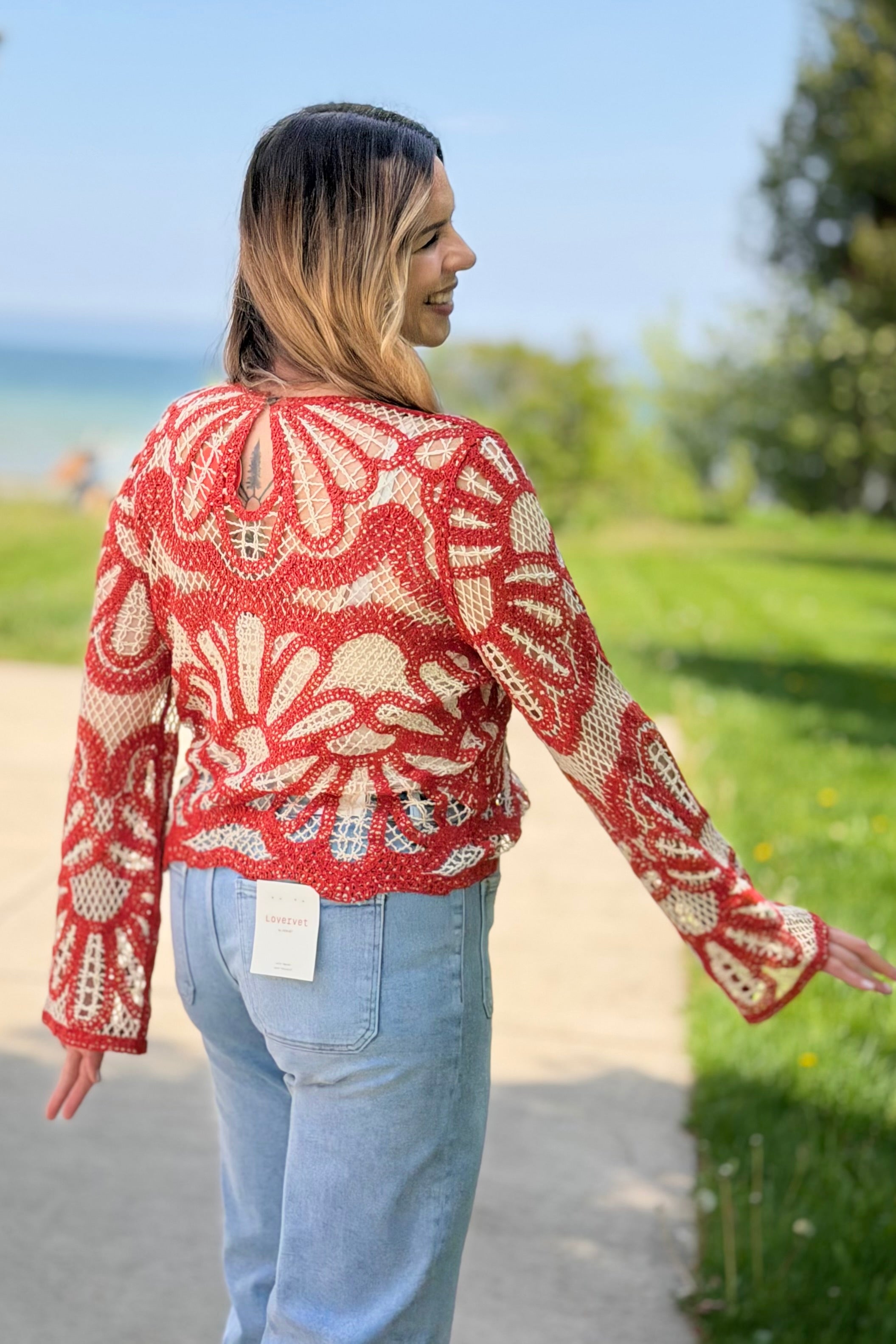 Crochet Floral Pattern Sweater - Rust
