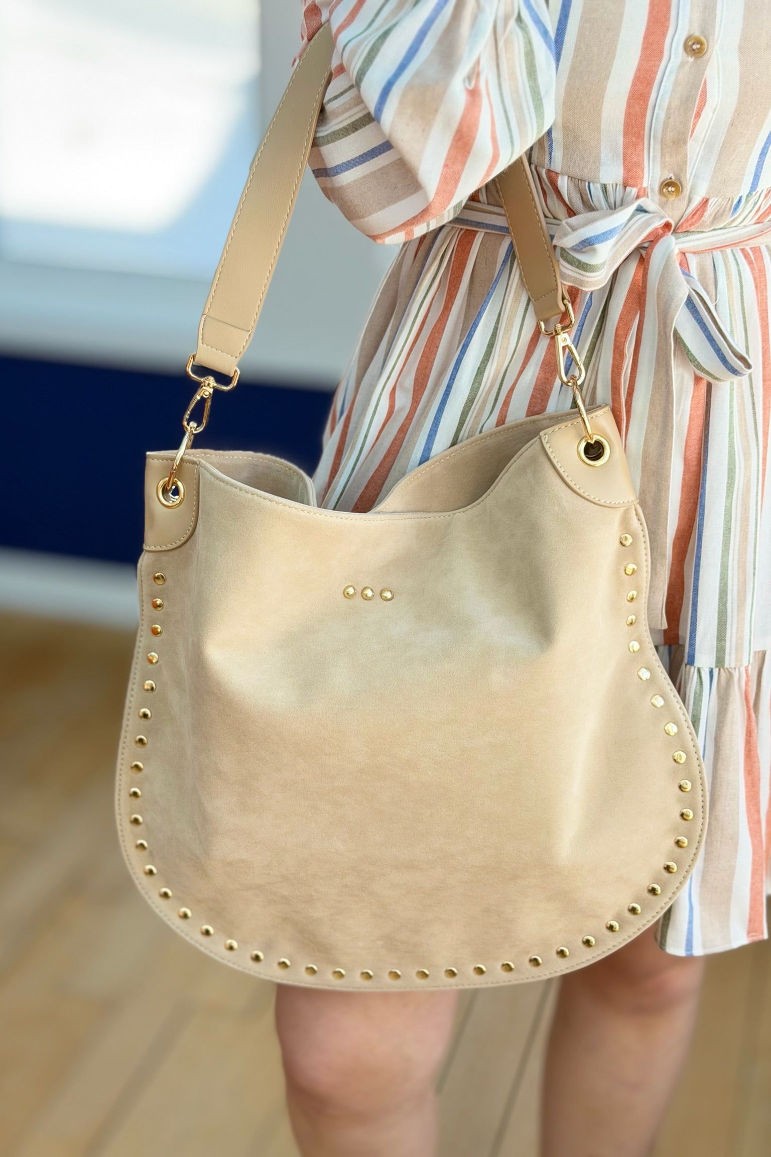 Rosalie Rivet Suede Hobo Bag - Oat