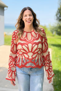 Crochet Floral Pattern Sweater - Rust