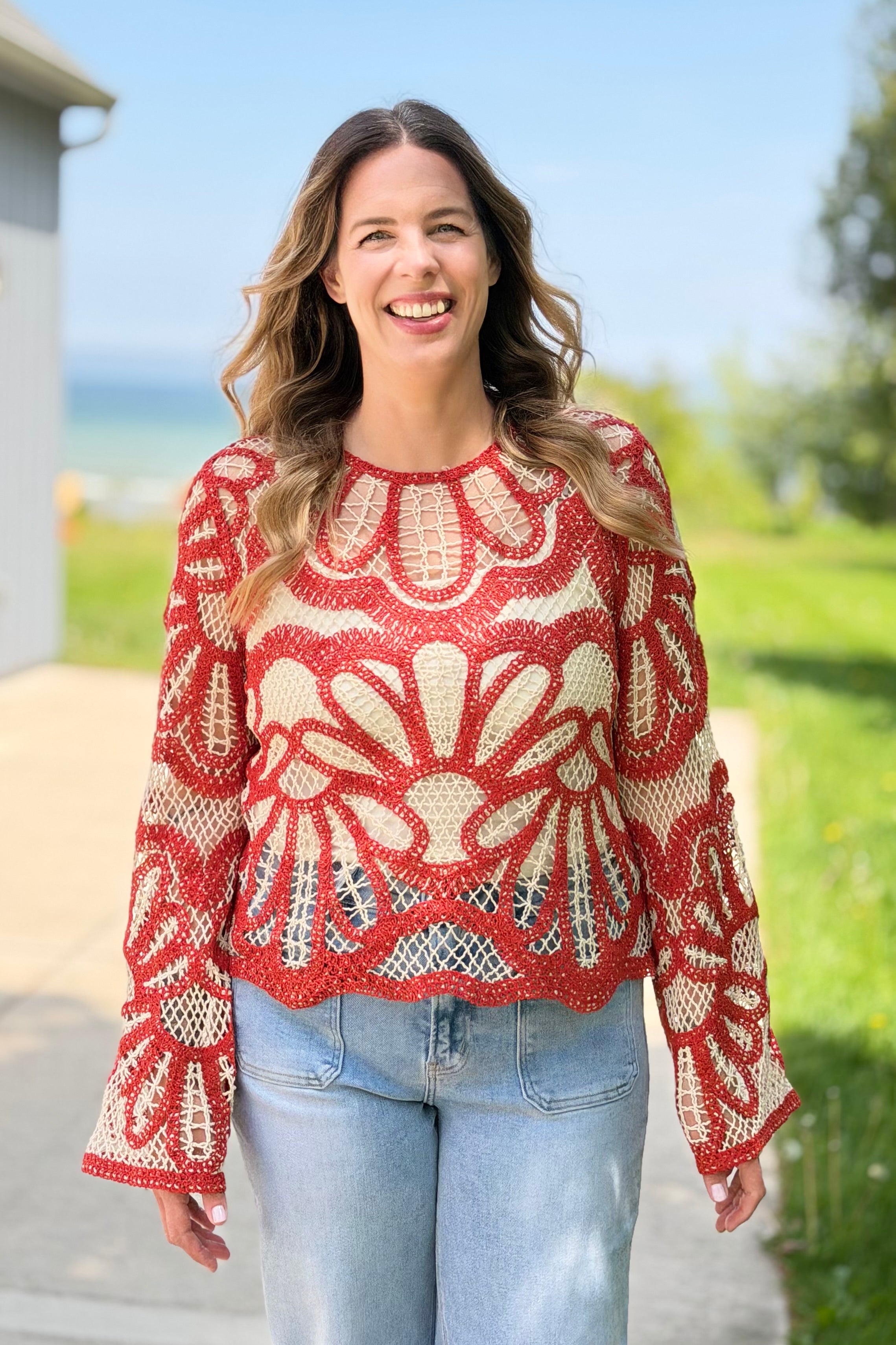 Crochet Floral Pattern Sweater - Rust