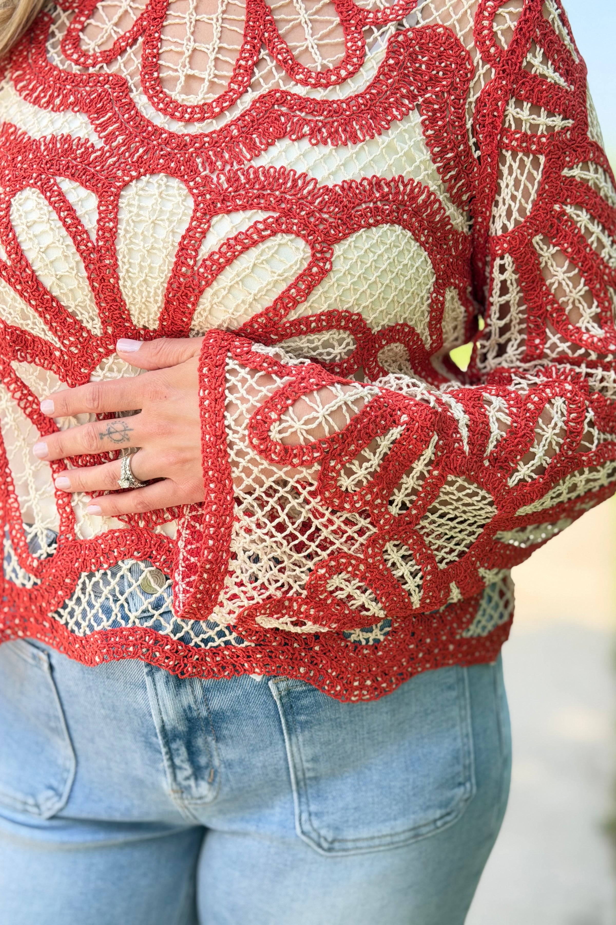 Crochet Floral Pattern Sweater - Rust