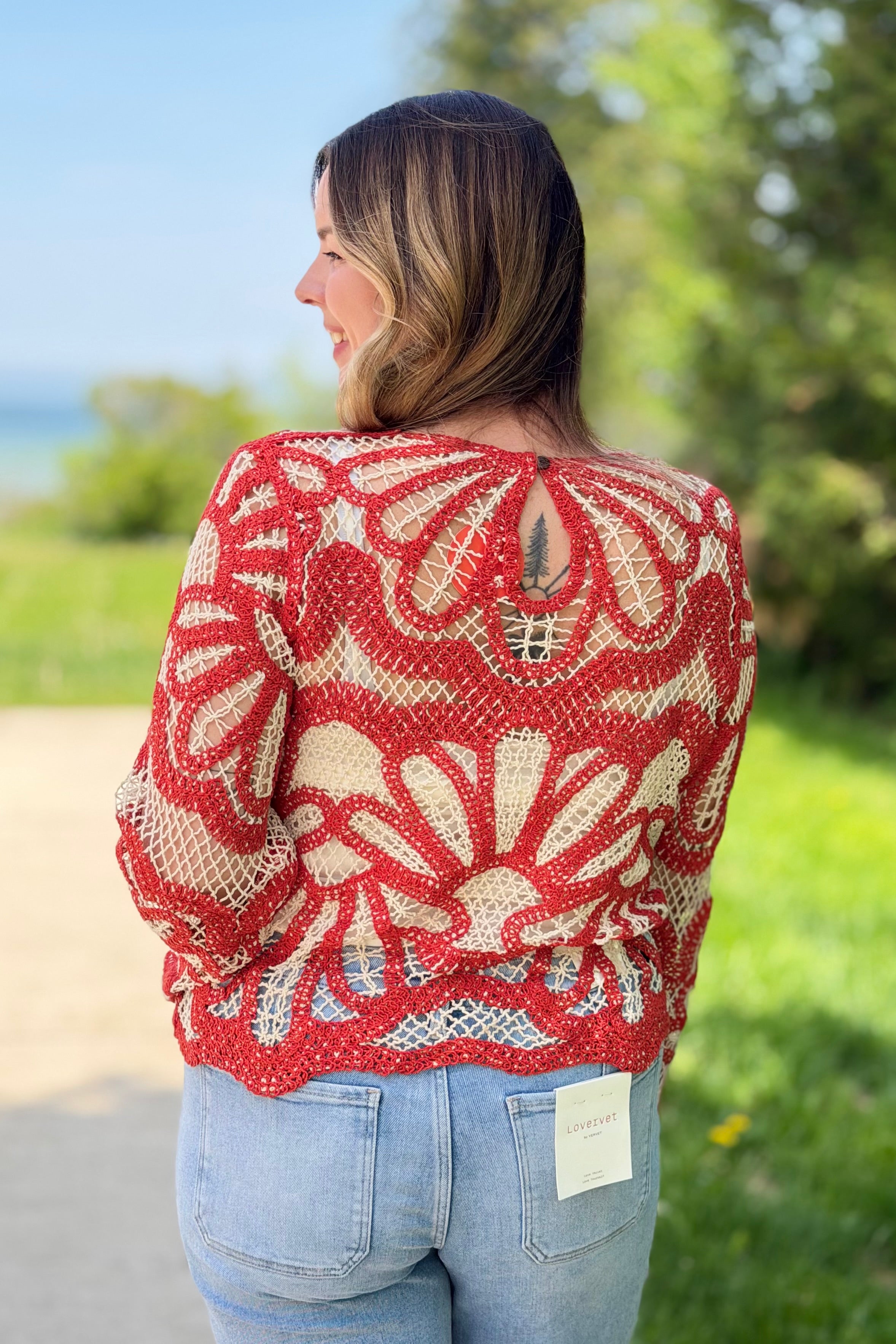 Crochet Floral Pattern Sweater - Rust