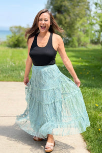 Tiered Lace Midi Skirt - Jade
