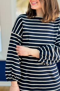 Striped 3/4 Sleeved Knit Dress - Navy