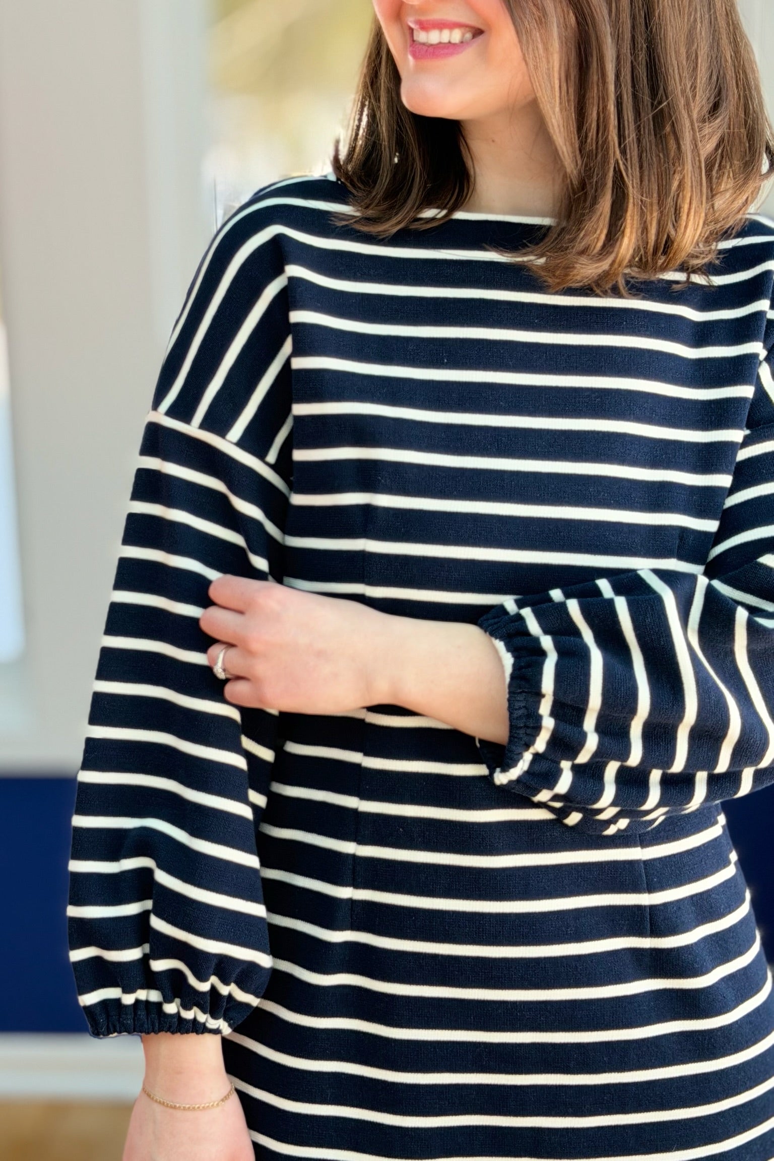 Striped 3/4 Sleeved Knit Dress - Navy