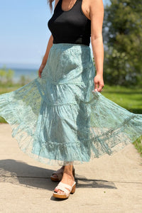 Tiered Lace Midi Skirt - Jade
