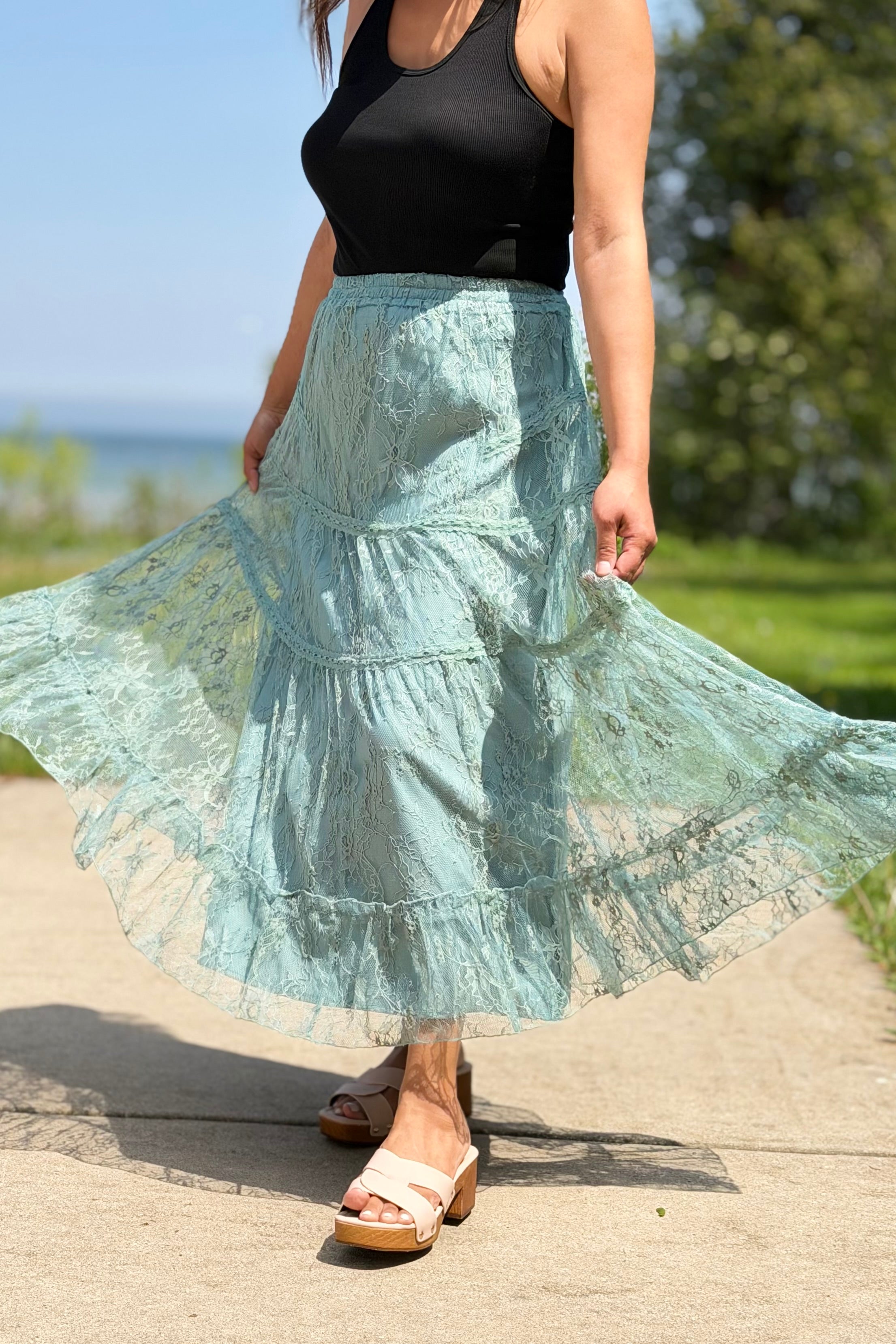 Tiered Lace Midi Skirt - Jade