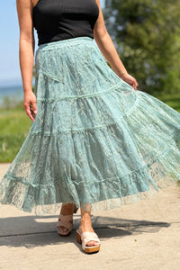 Tiered Lace Midi Skirt - Jade