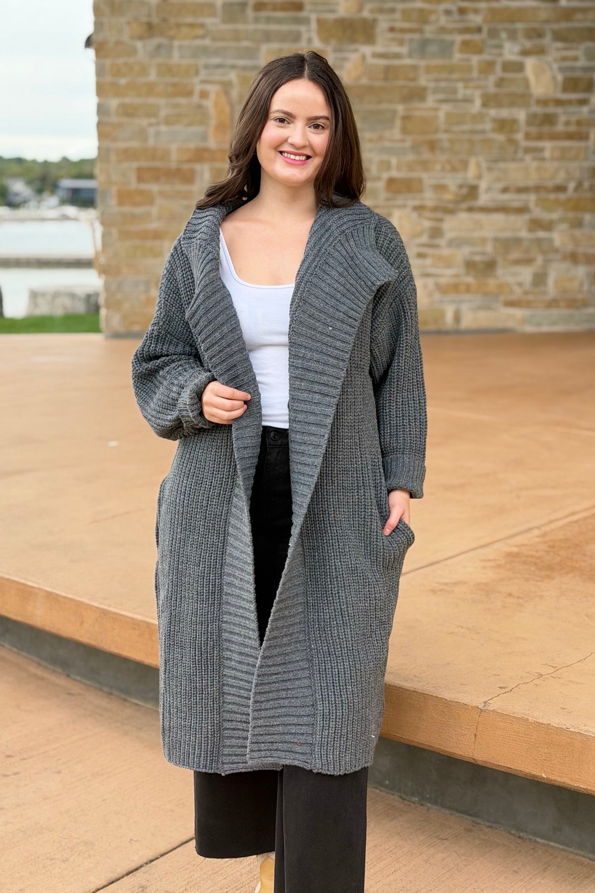 Cable Knit Long Duster - Grey
