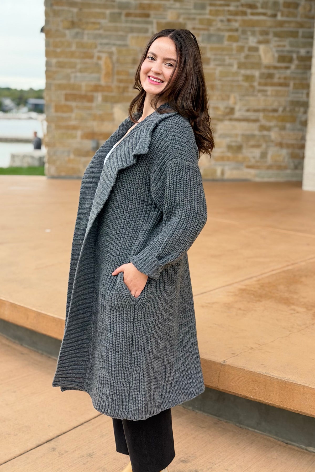 Cable Knit Long Duster - Grey