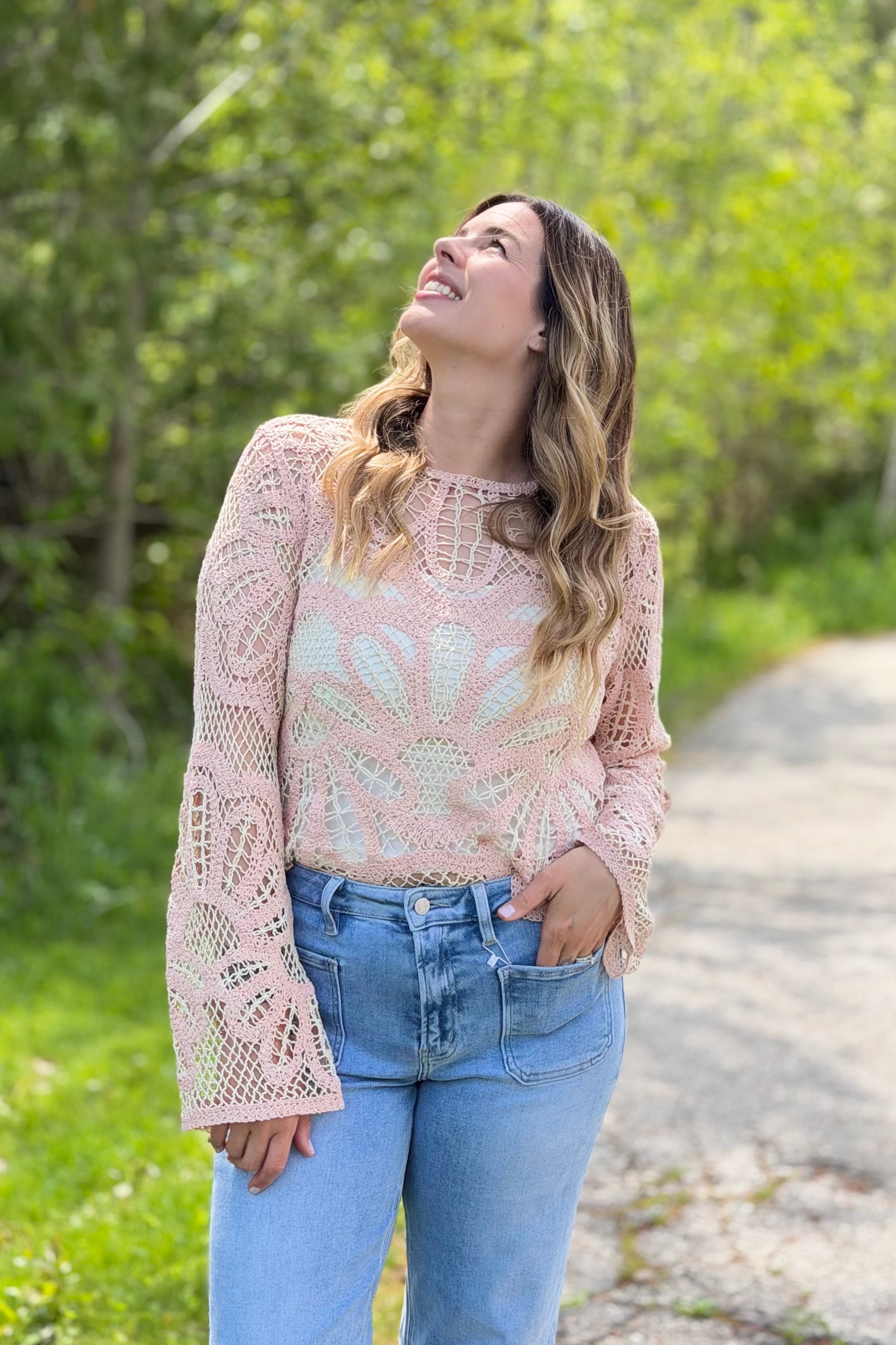Crochet Floral Pattern Sweater - Blush
