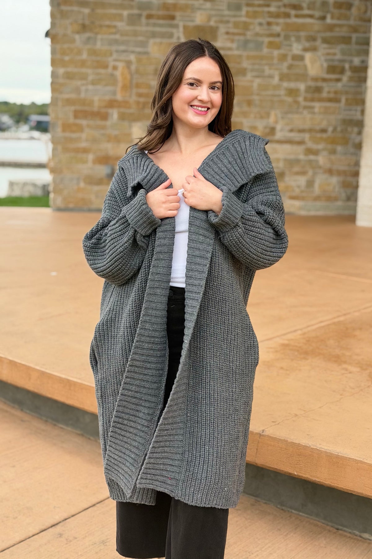 Cable Knit Long Duster - Grey