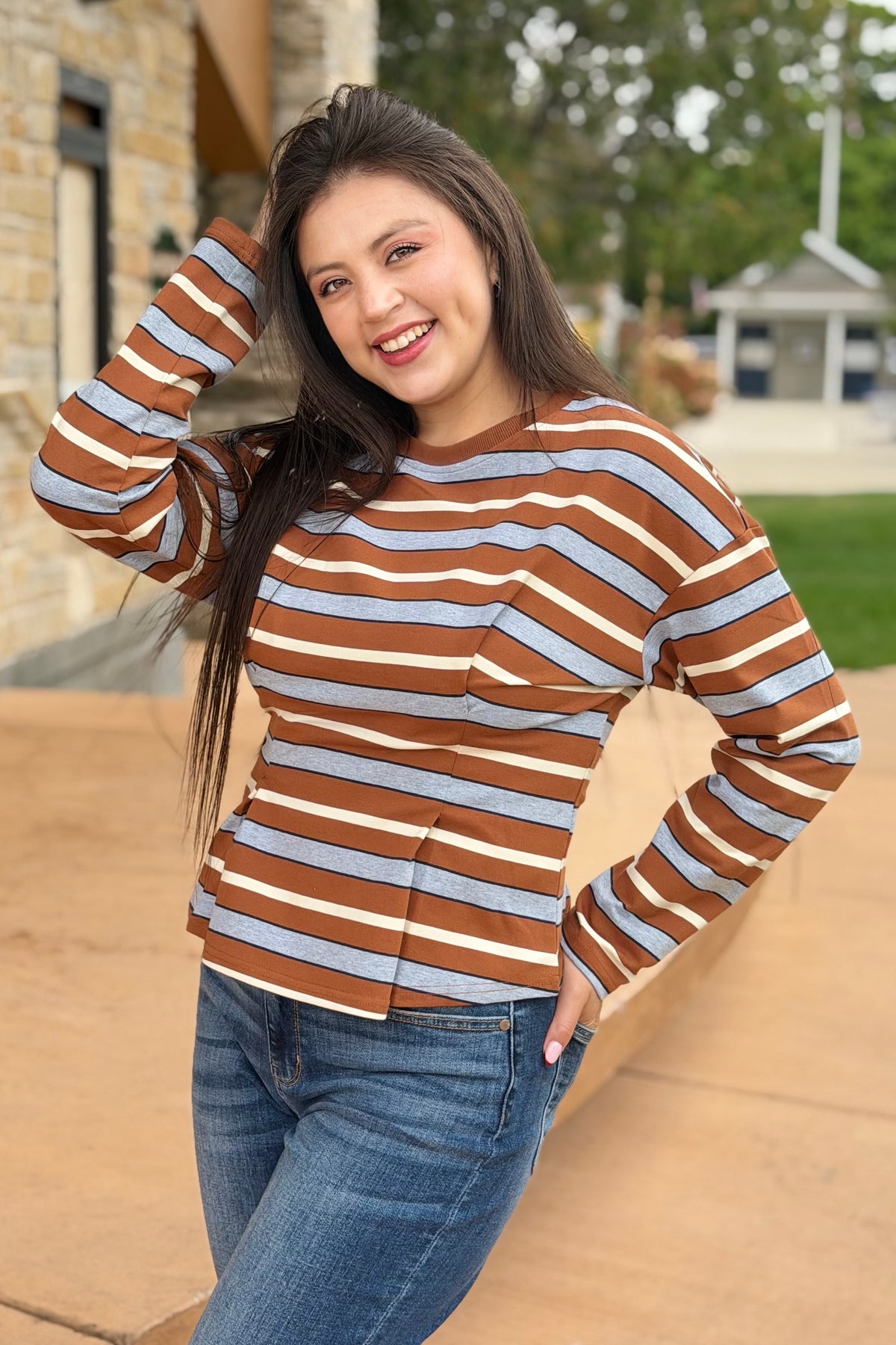 Stripe Waist Pleated Top - Camel