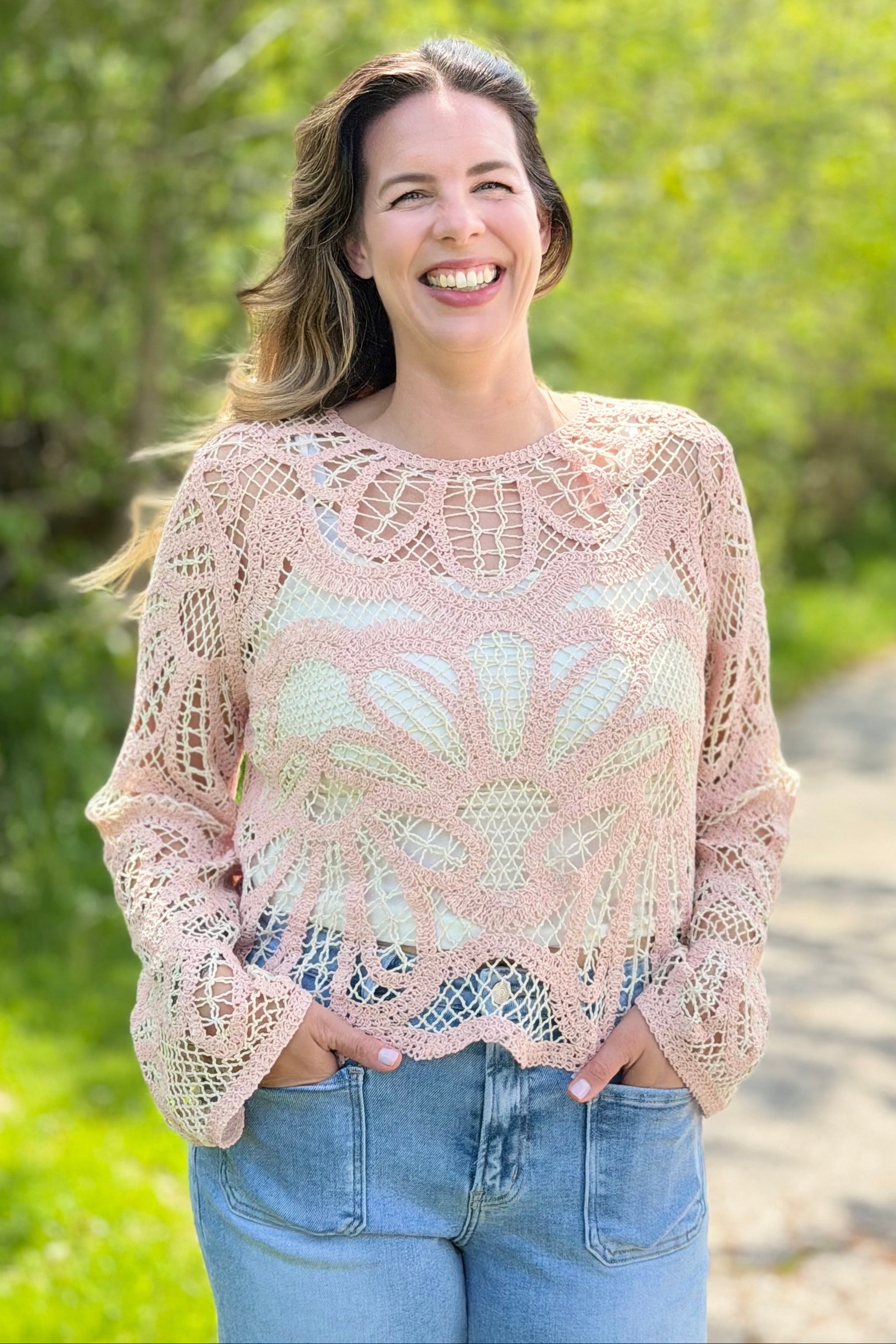 Crochet Floral Pattern Sweater - Blush