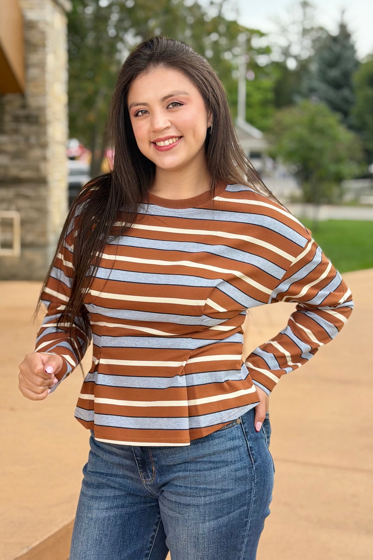 Stripe Waist Pleated Top - Camel