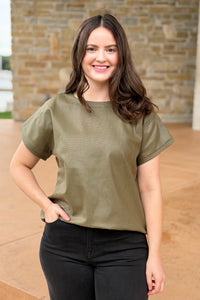 Faux Leather Short Sleeve Top - Olive