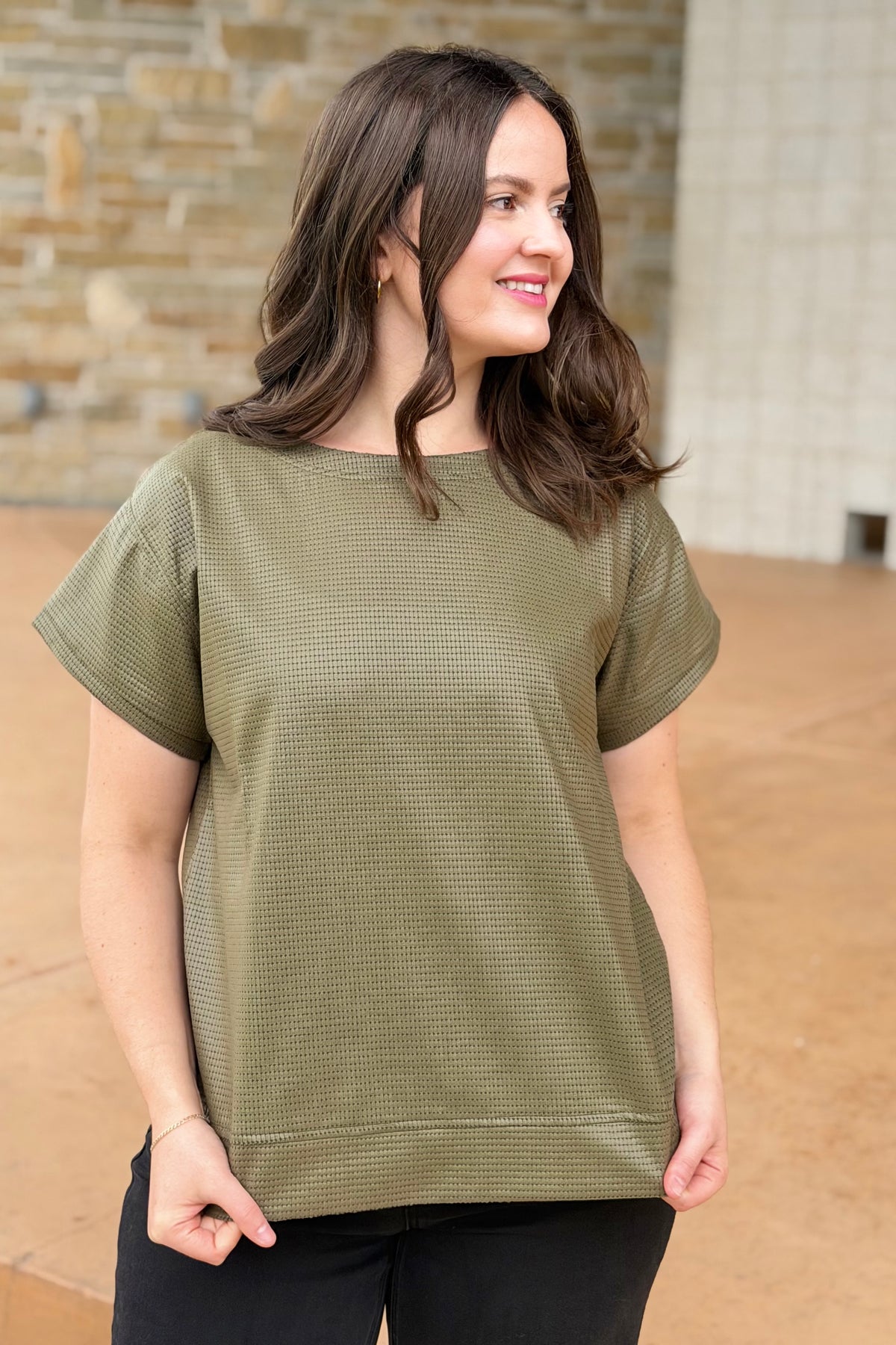 Faux Leather Short Sleeve Top - Olive