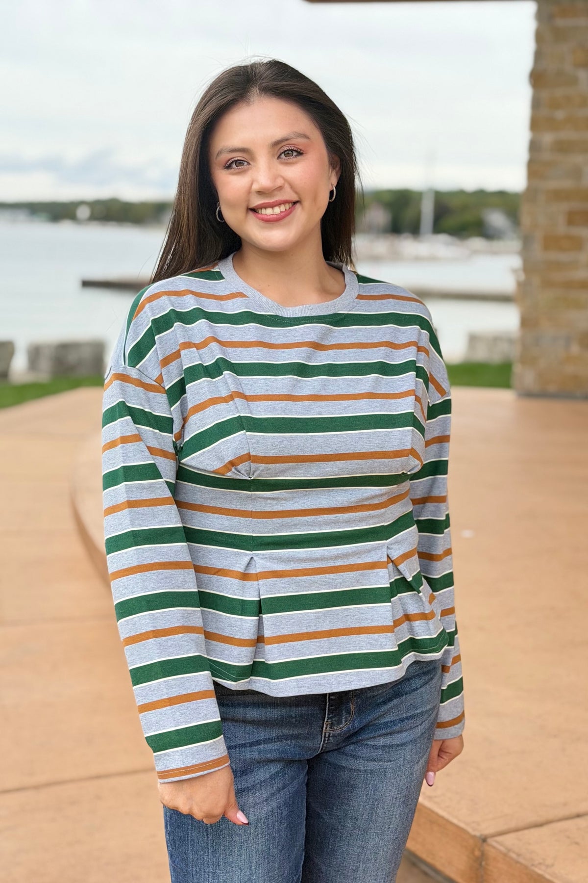 Stripe Waist Pleated Top - Green
