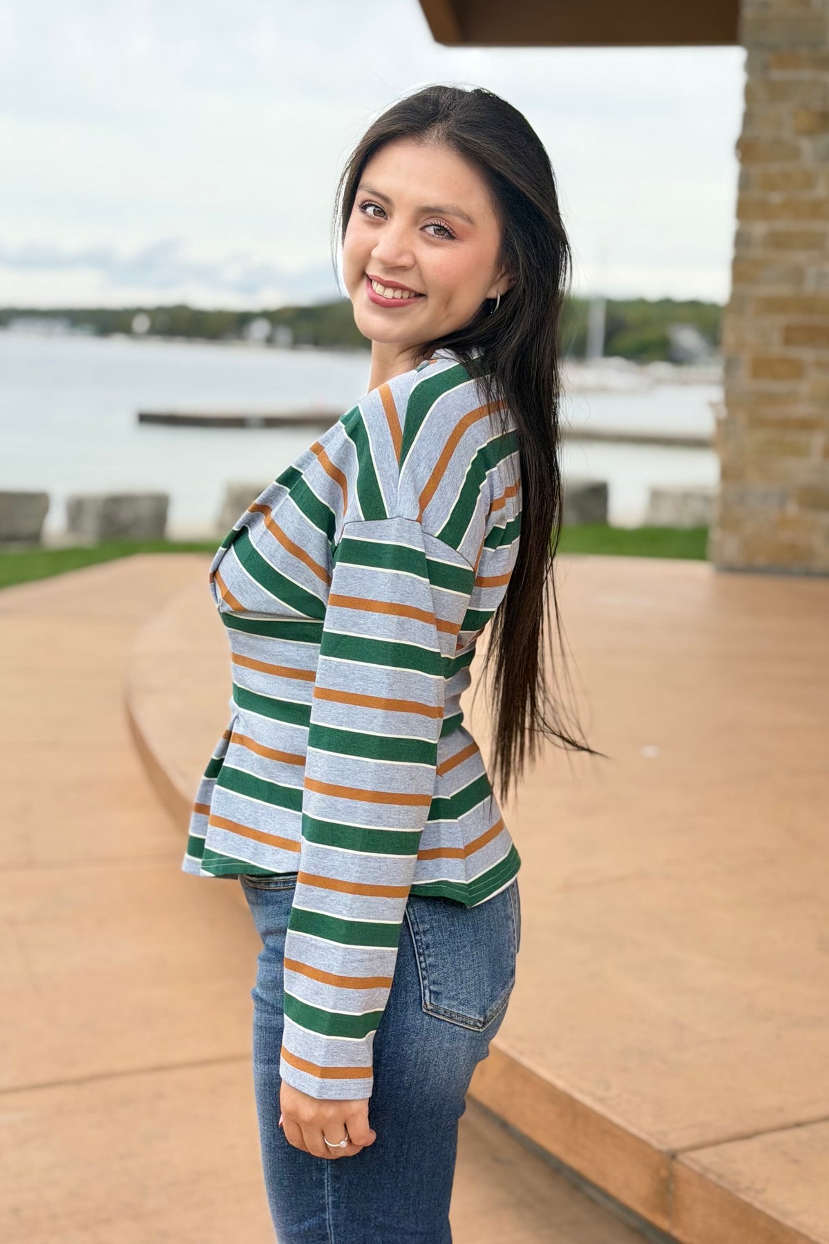 Stripe Waist Pleated Top - Green