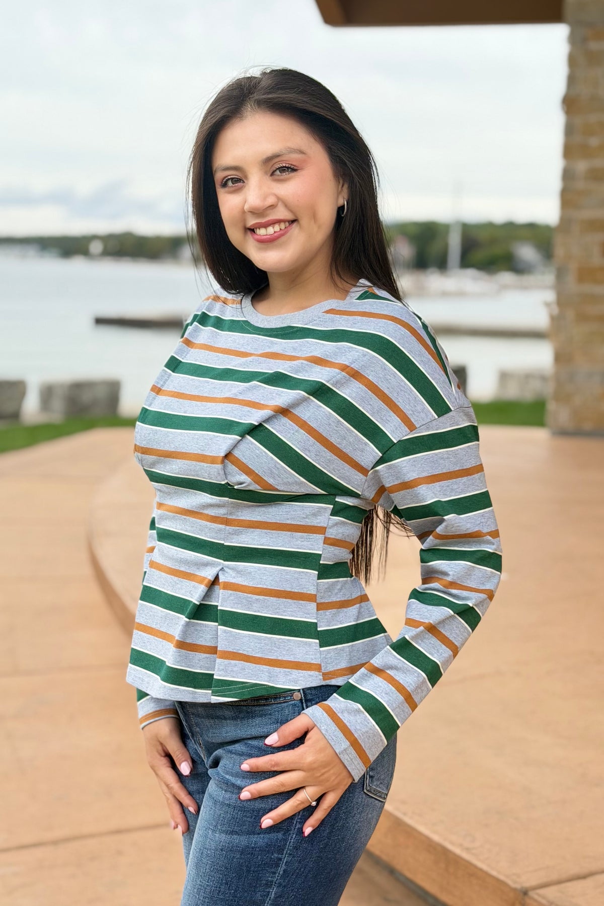 Stripe Waist Pleated Top - Green