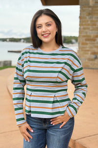 Stripe Waist Pleated Top - Green