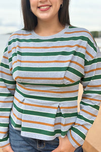 Stripe Waist Pleated Top - Green