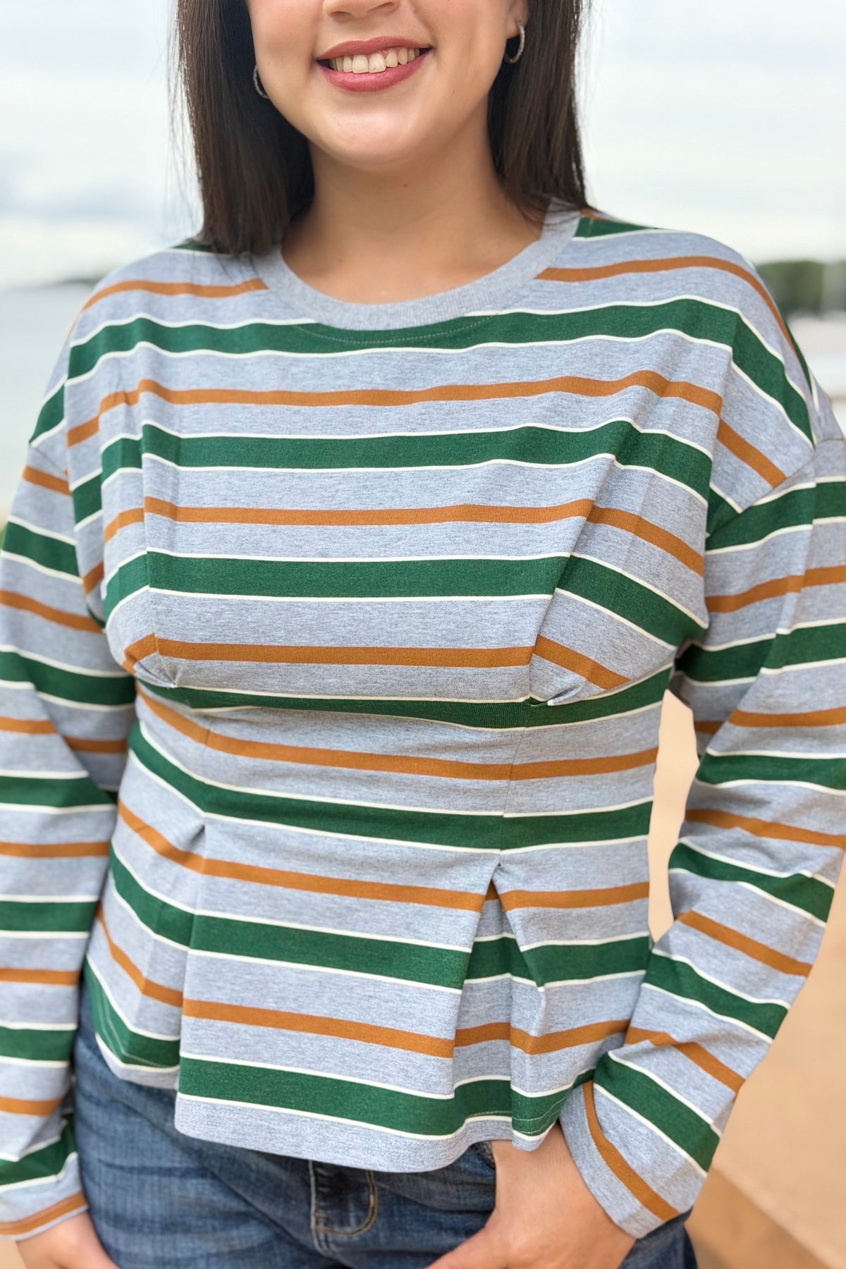 Stripe Waist Pleated Top - Green