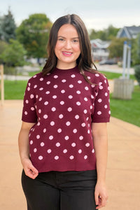 Polka Dot Knit Sweater - Burgundy