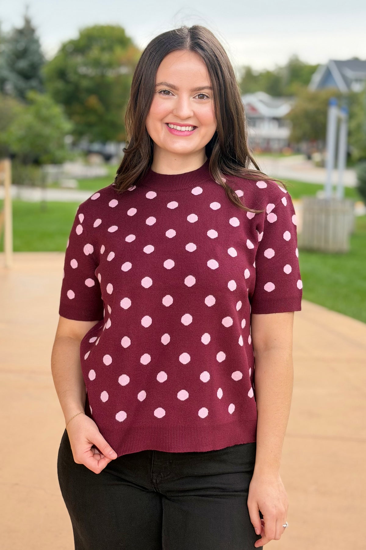 Polka Dot Knit Sweater - Burgundy