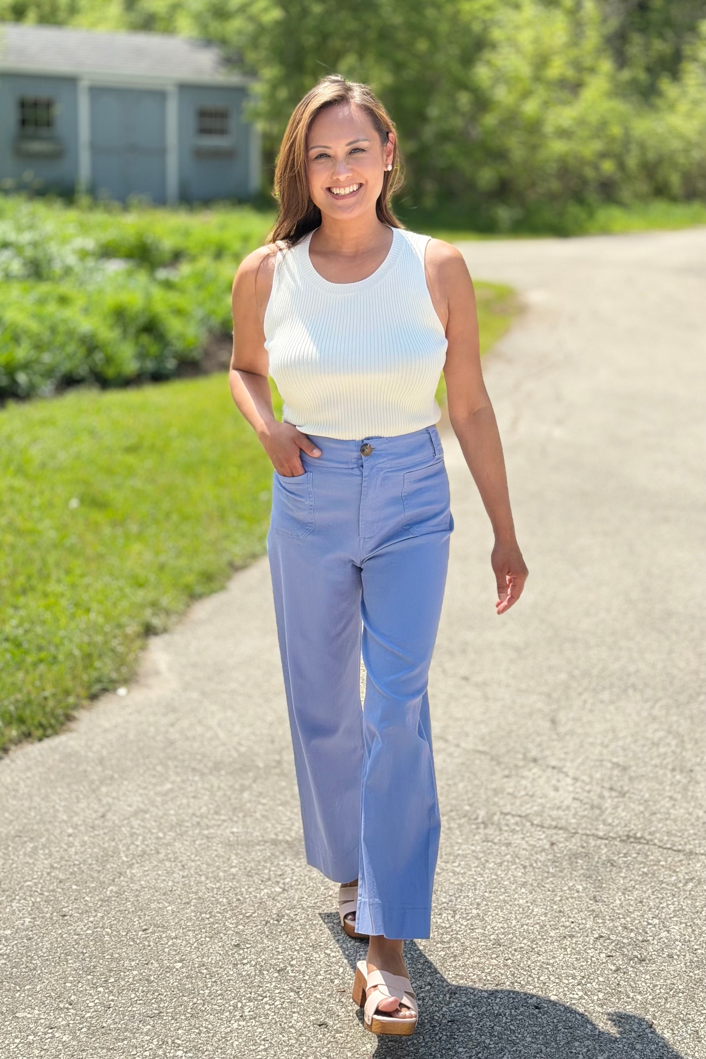 High Waist Cropped Pants - Blue
