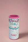 An image of a Swig can cooler featuring a colorful confetti print on white background. It is insulated, with a stainless steel body and a spill-resistant lid.