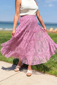 Tiered Lace Midi Skirt - Berry