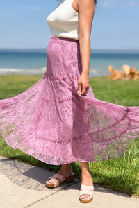 Tiered Lace Midi Skirt - Berry