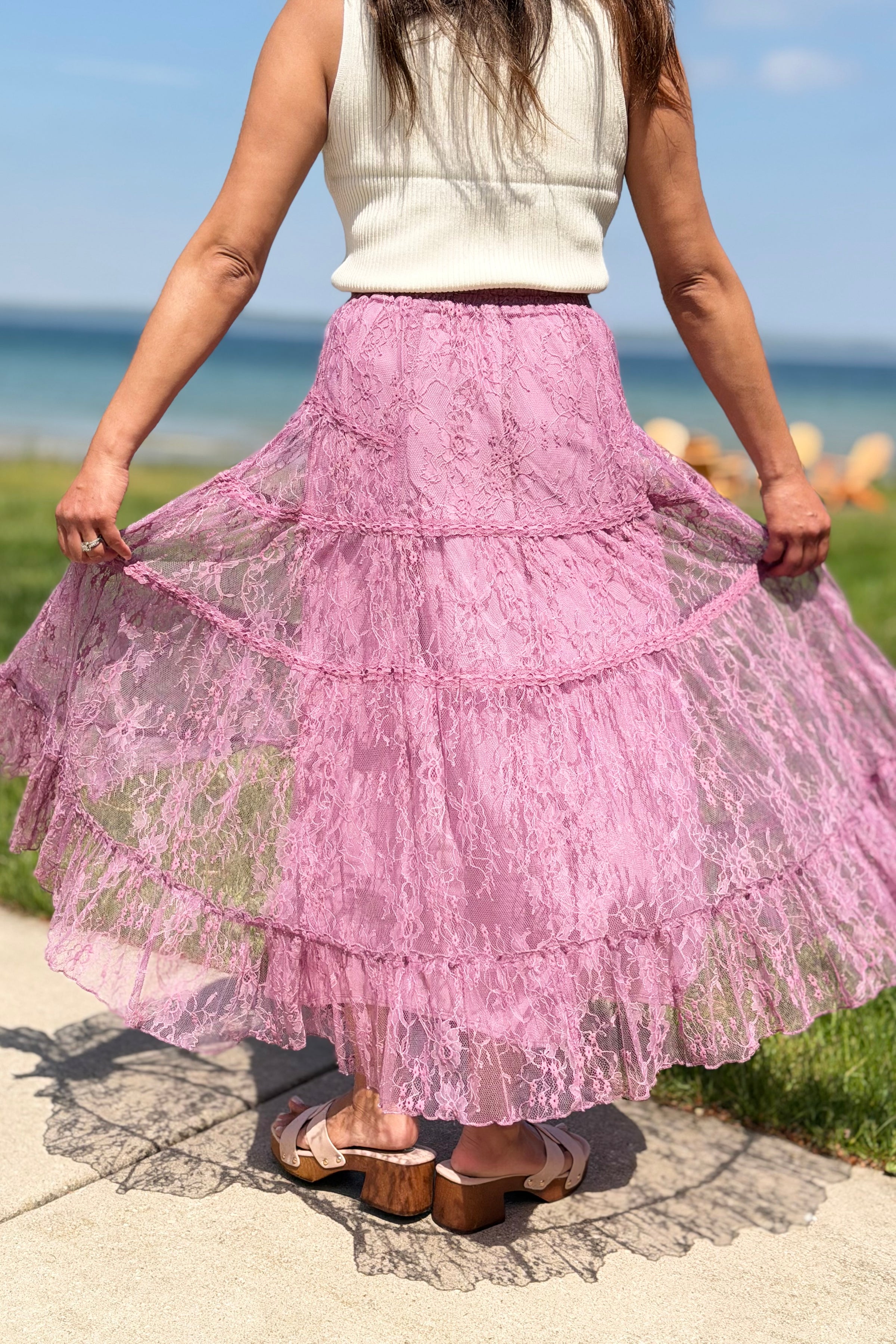 Tiered Lace Midi Skirt - Berry