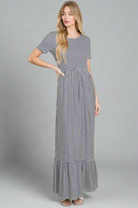 Striped Ruffle Hem Maxi Dress Navy