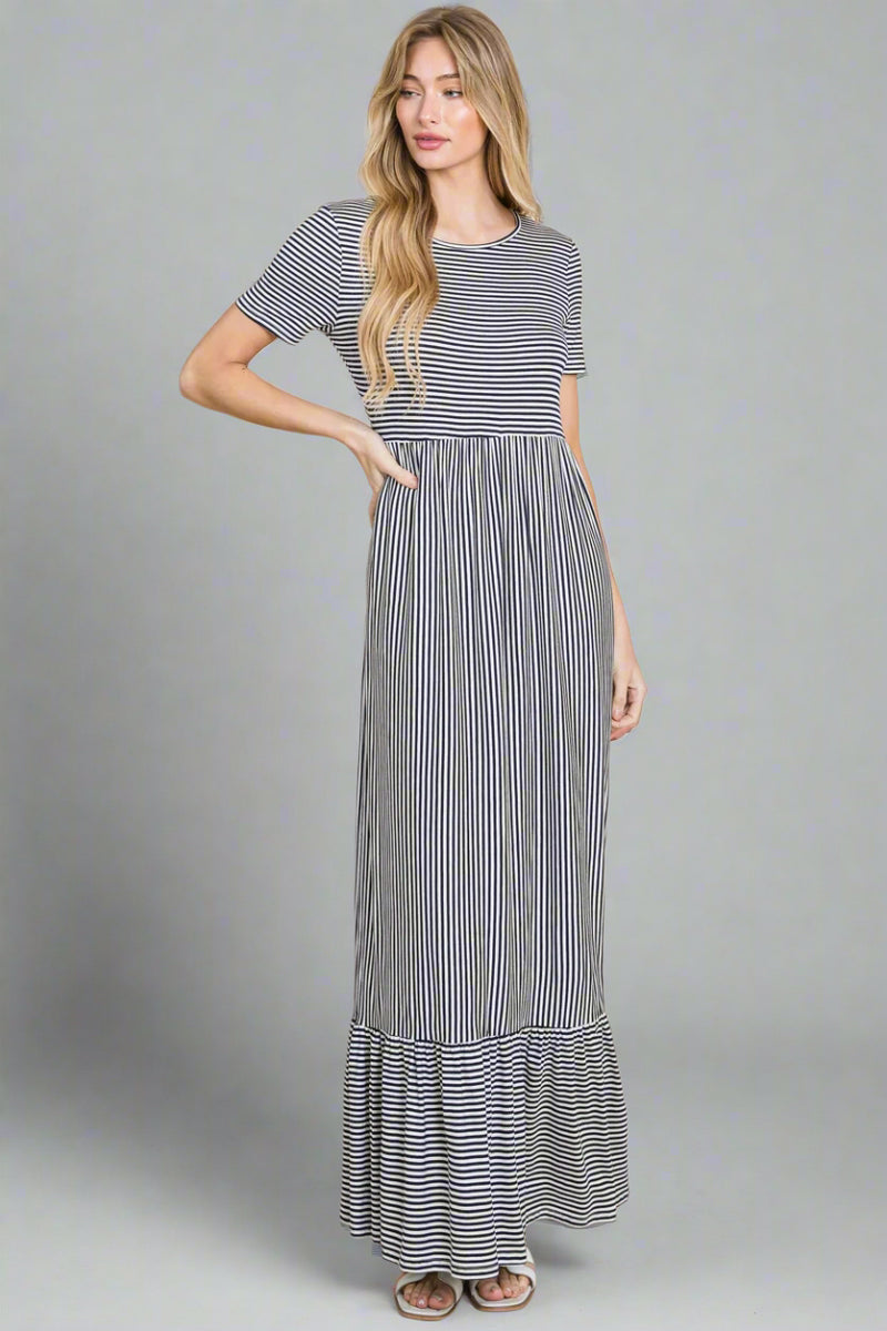 Striped Ruffle Hem Maxi Dress Navy