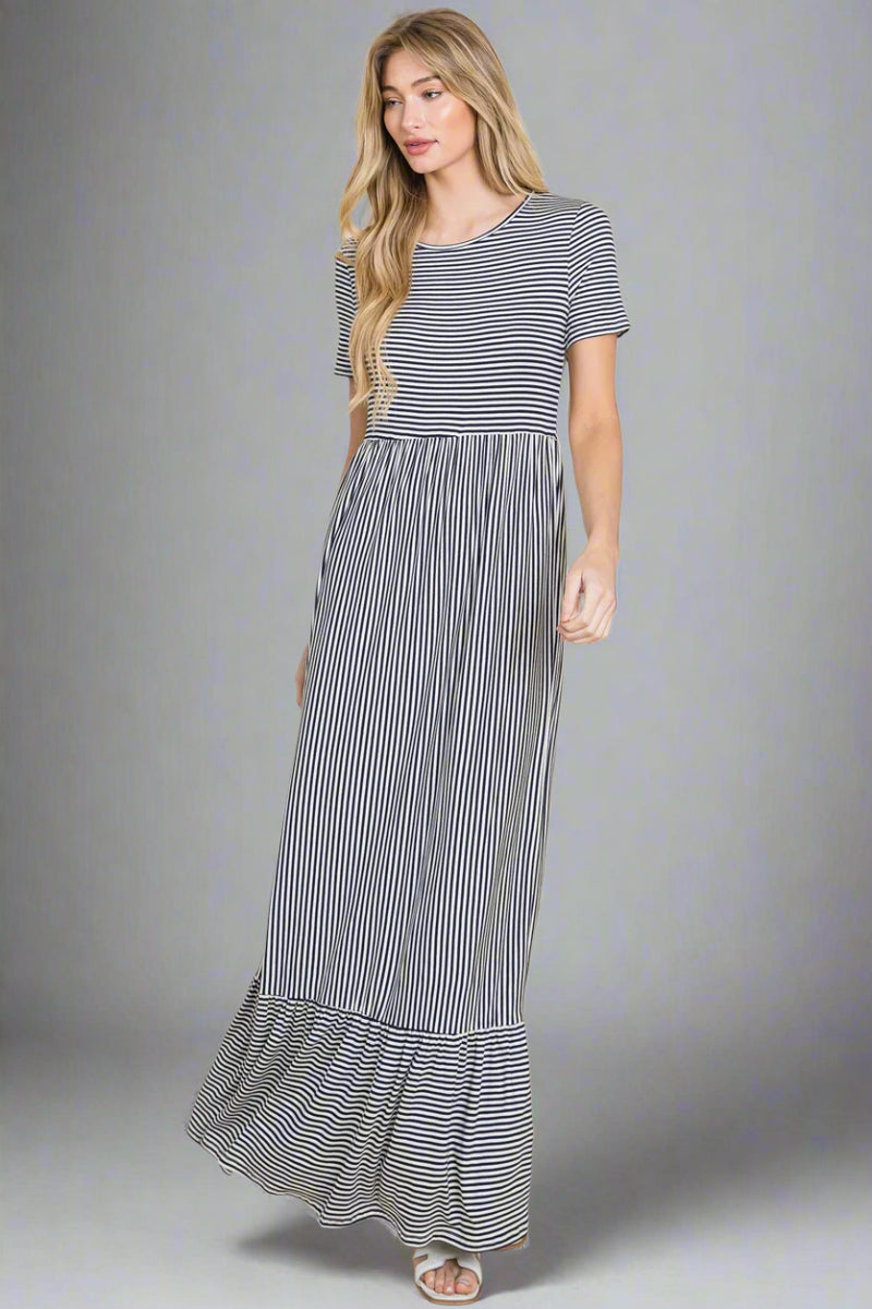 Striped Ruffle Hem Maxi Dress Navy