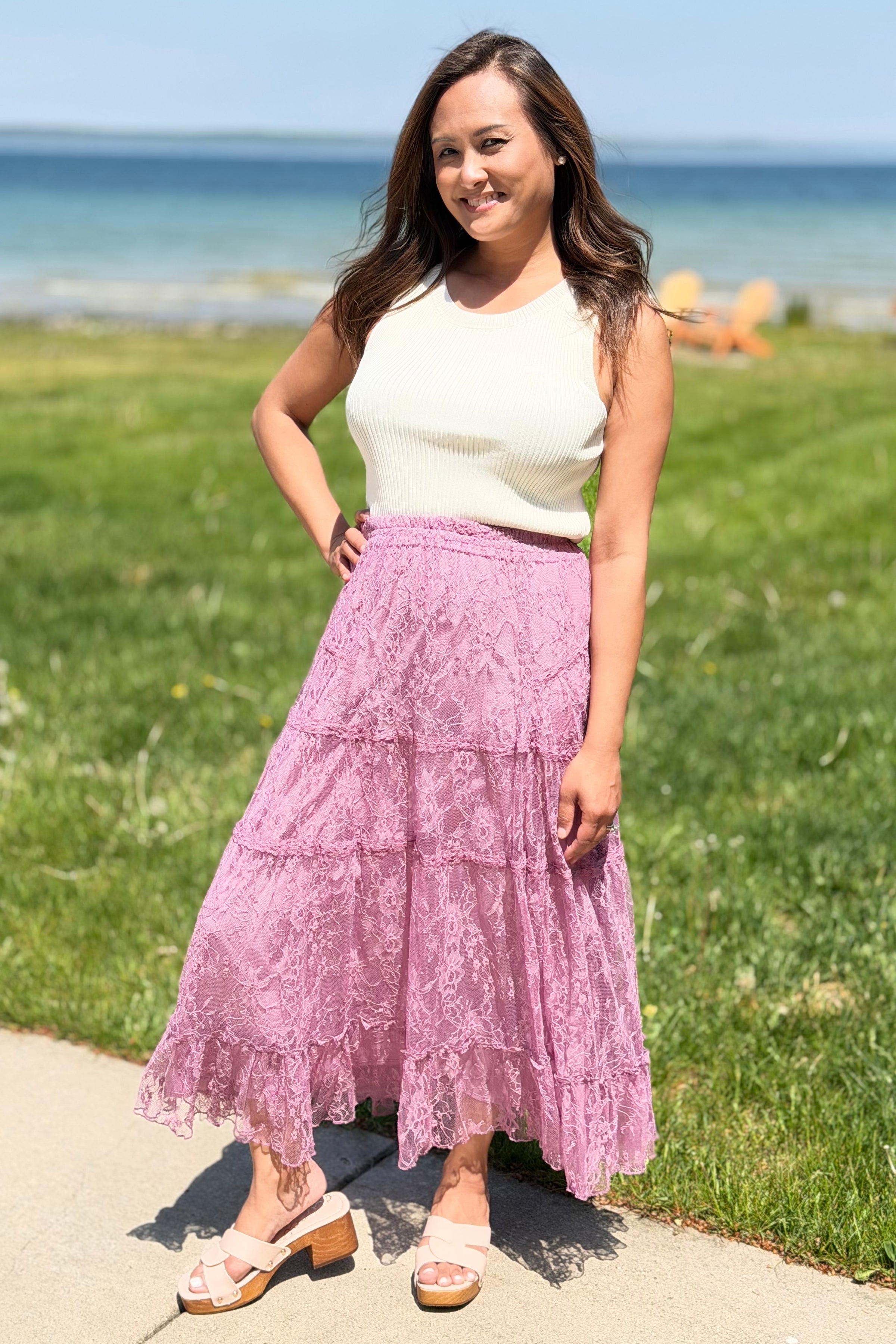 Tiered Lace Midi Skirt - Berry