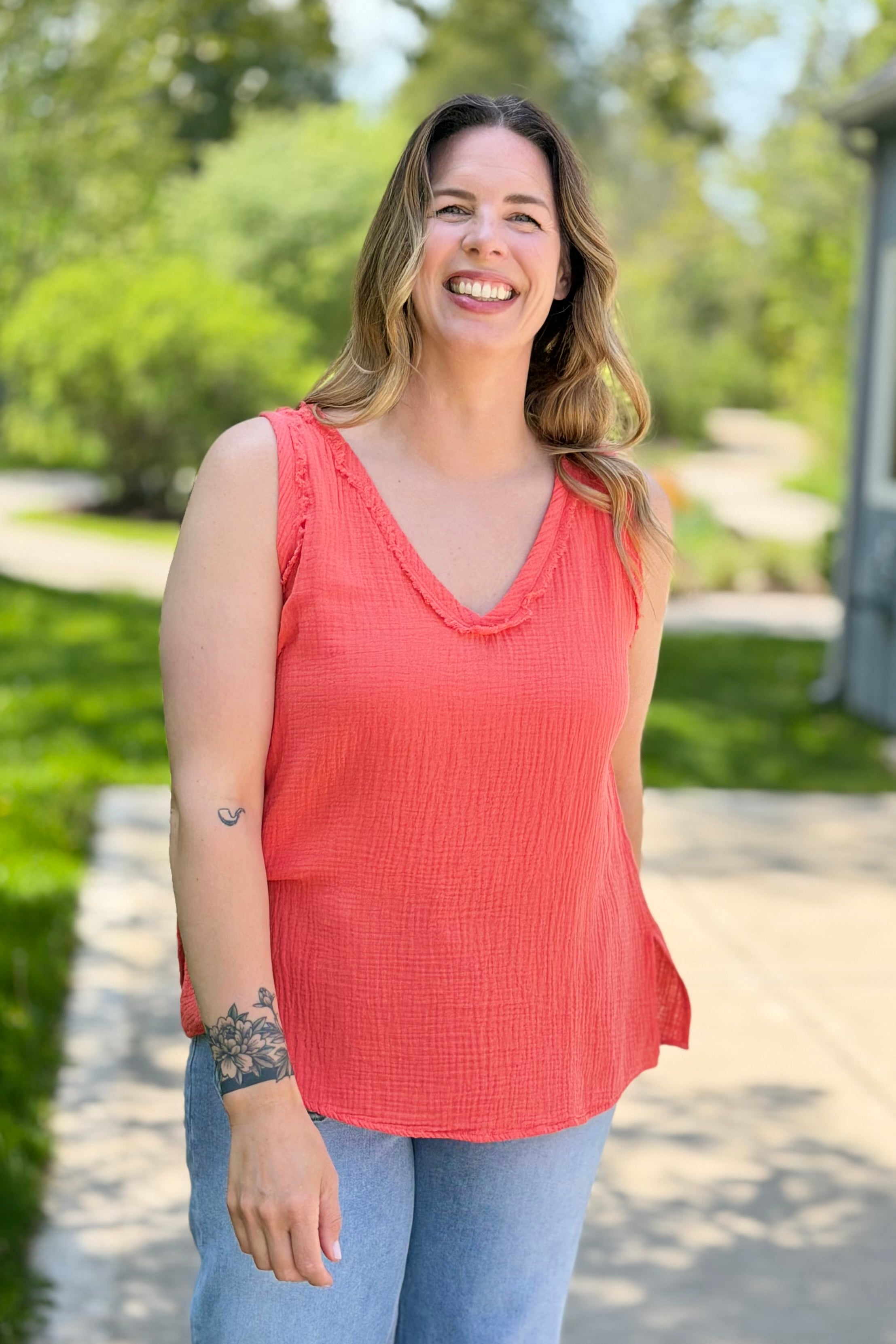 Nasia Gauze Tank - Coral