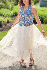 Beaded Pleated Mesh Skirt - Apricot