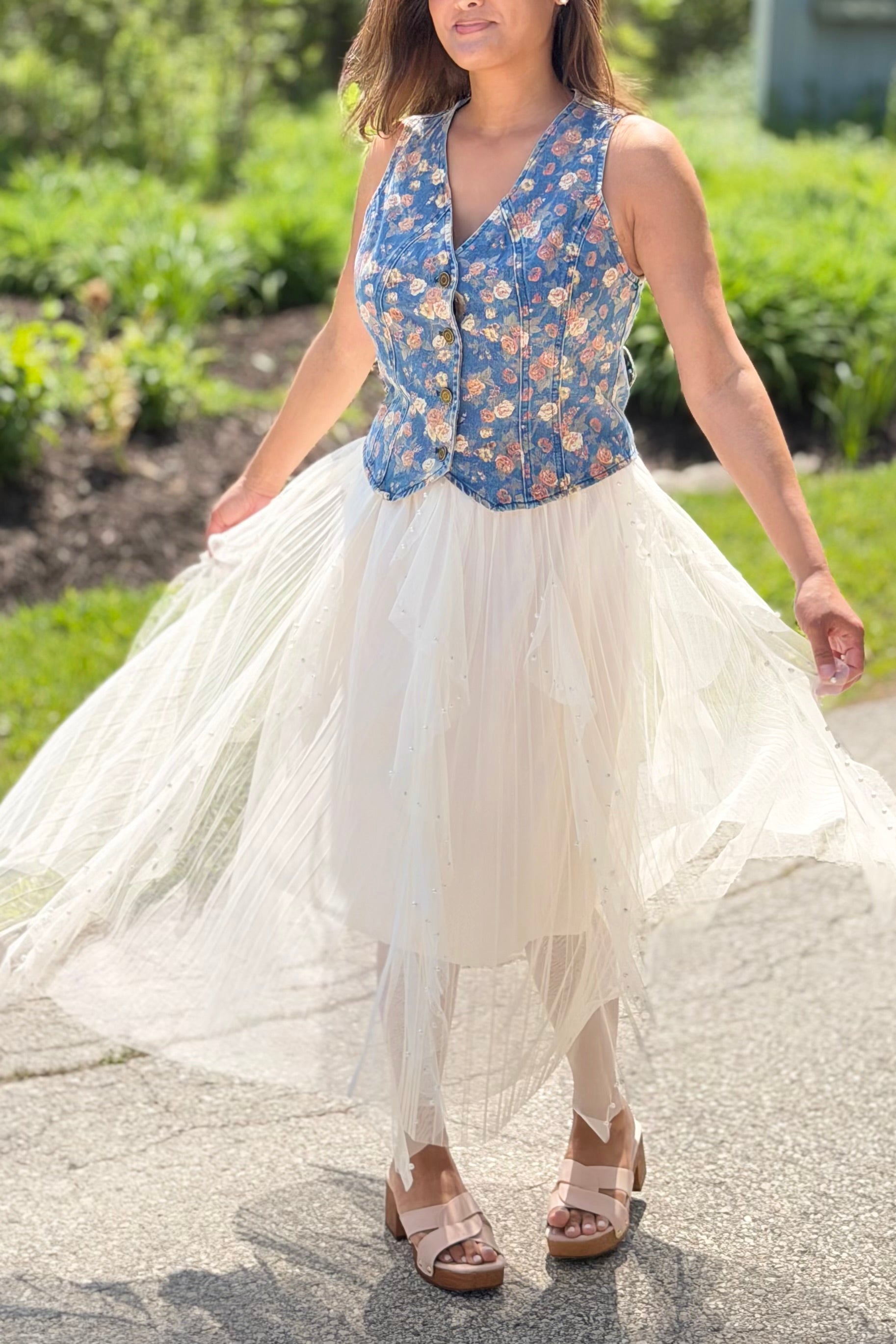 Beaded Pleated Mesh Skirt - Apricot