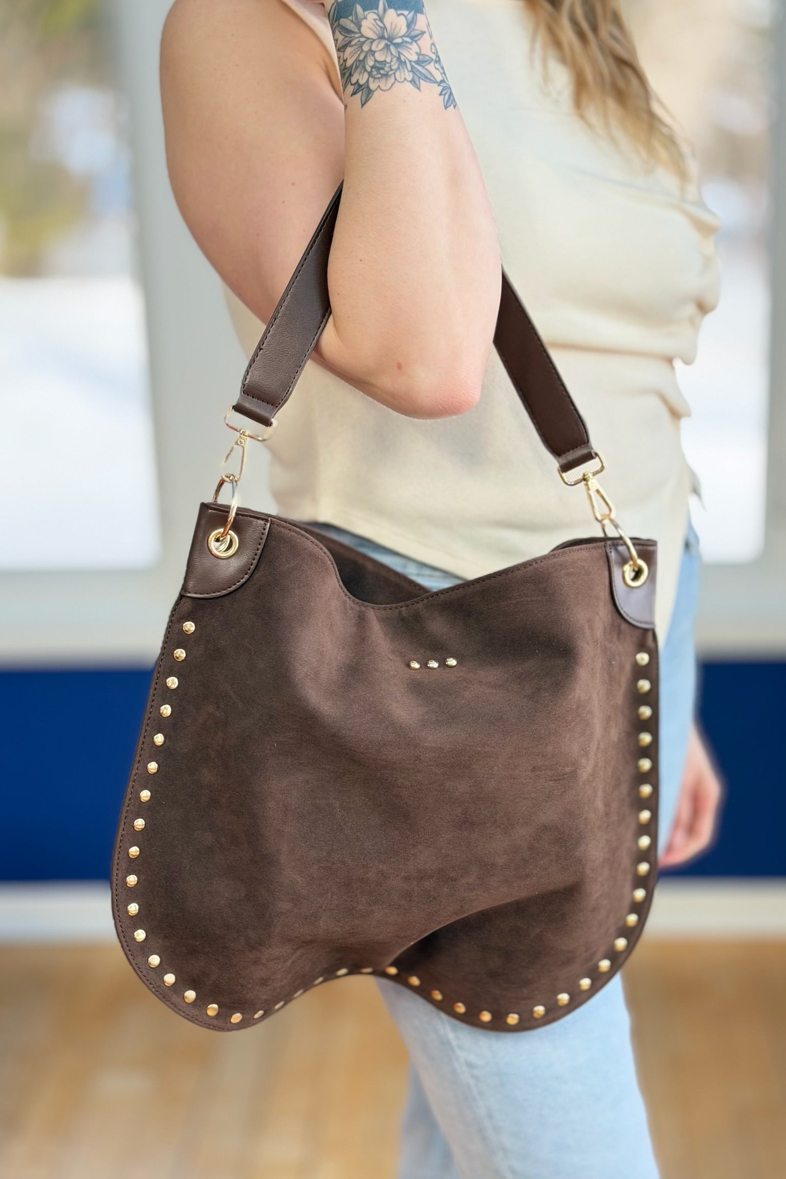 Rosalie Rivet Suede Hobo Bag - Chocolate