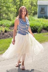 Beaded Pleated Mesh Skirt - Apricot