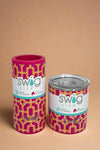 An image of a Swig mugs featuring yellow pattern on a bright pink background. It is insulated, with a stainless steel body and a spill-resistant lid.